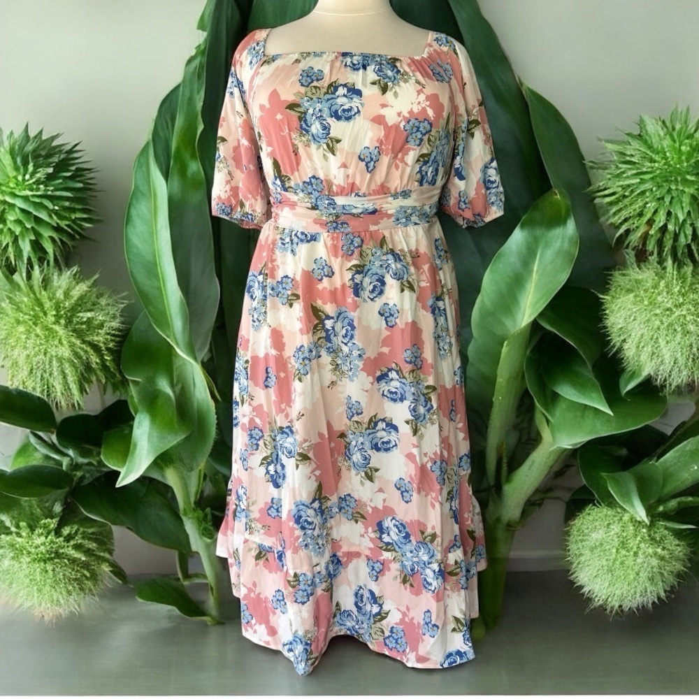 NWT!Floral Pink & Blue Off/On Shoulder Pocket Dress Size 10 or Medium - Picture 3 of 9